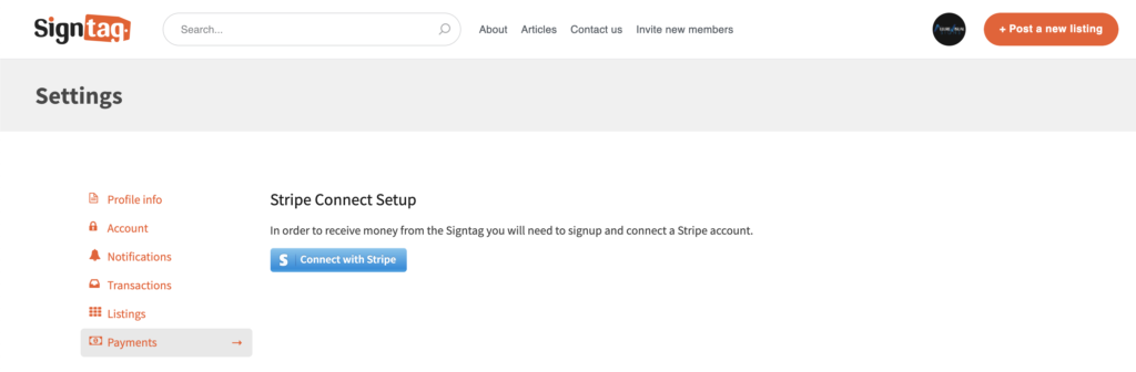 Stripe connect setup window